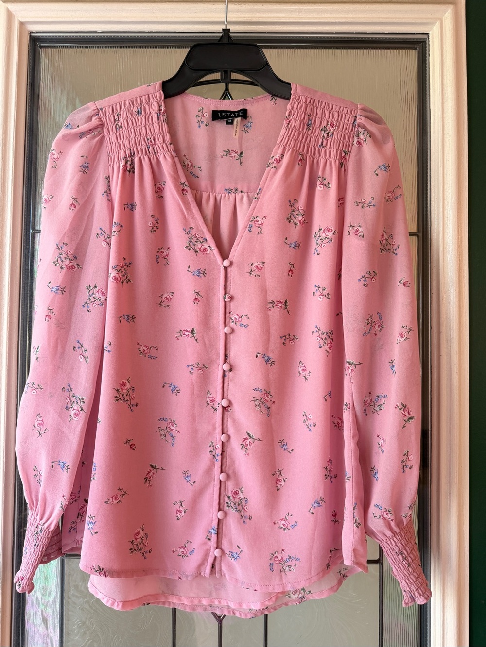 Estate Pink Floral Smocked Yoke Button-Front Blouse